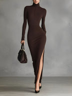 Brown Turtleneck Bodycon Slit Dress