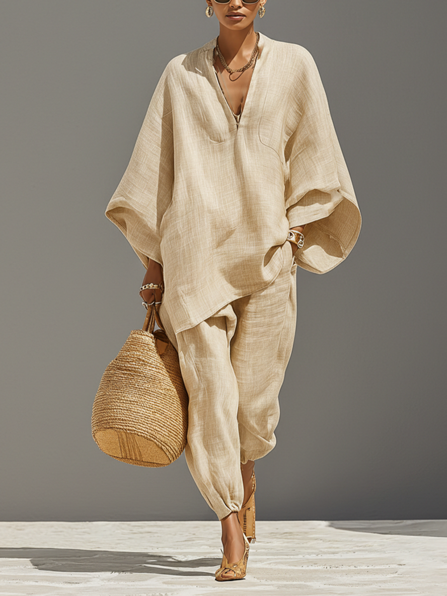 Neutral Linen Asymmetric Hem Set