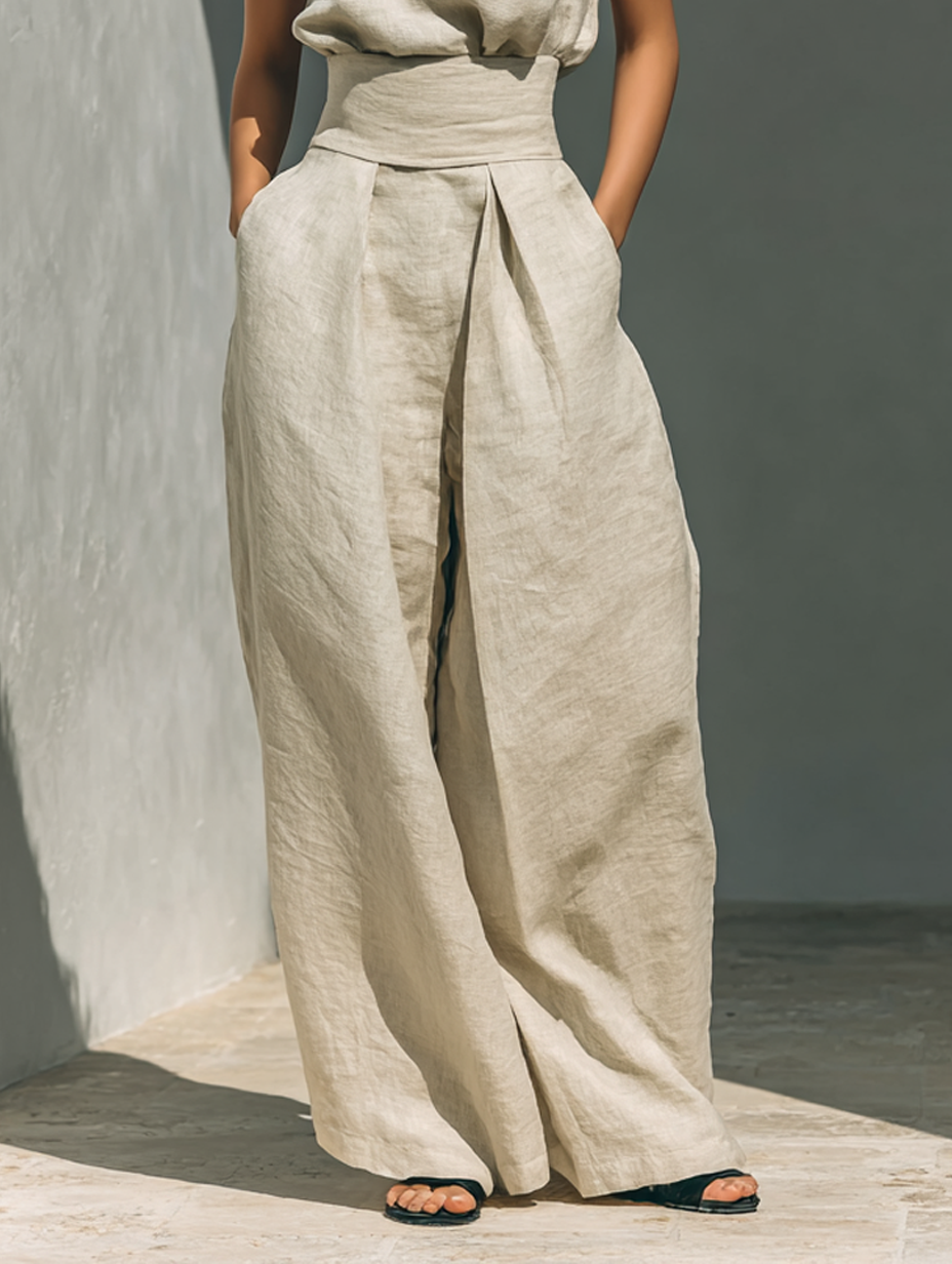 Linen Blend Blouse & Wide-Leg Pants Set