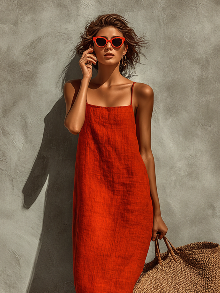 Red Square Neck Spaghetti Strap Dress