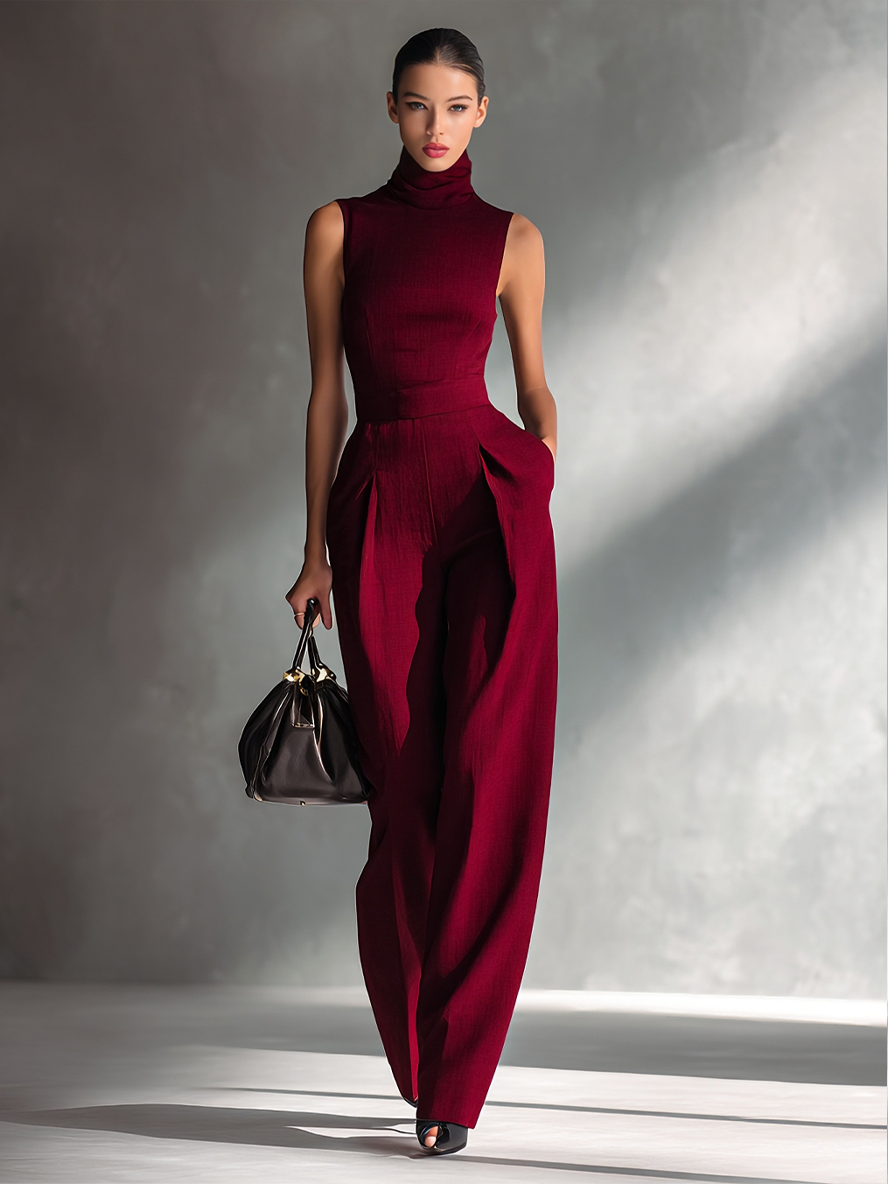 Burgundy Turtleneck Wide-Leg Jumpsuit
