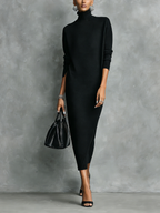 Black Knitted Turtleneck Midi Dress