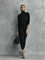 Black Knitted Turtleneck Midi Dress
