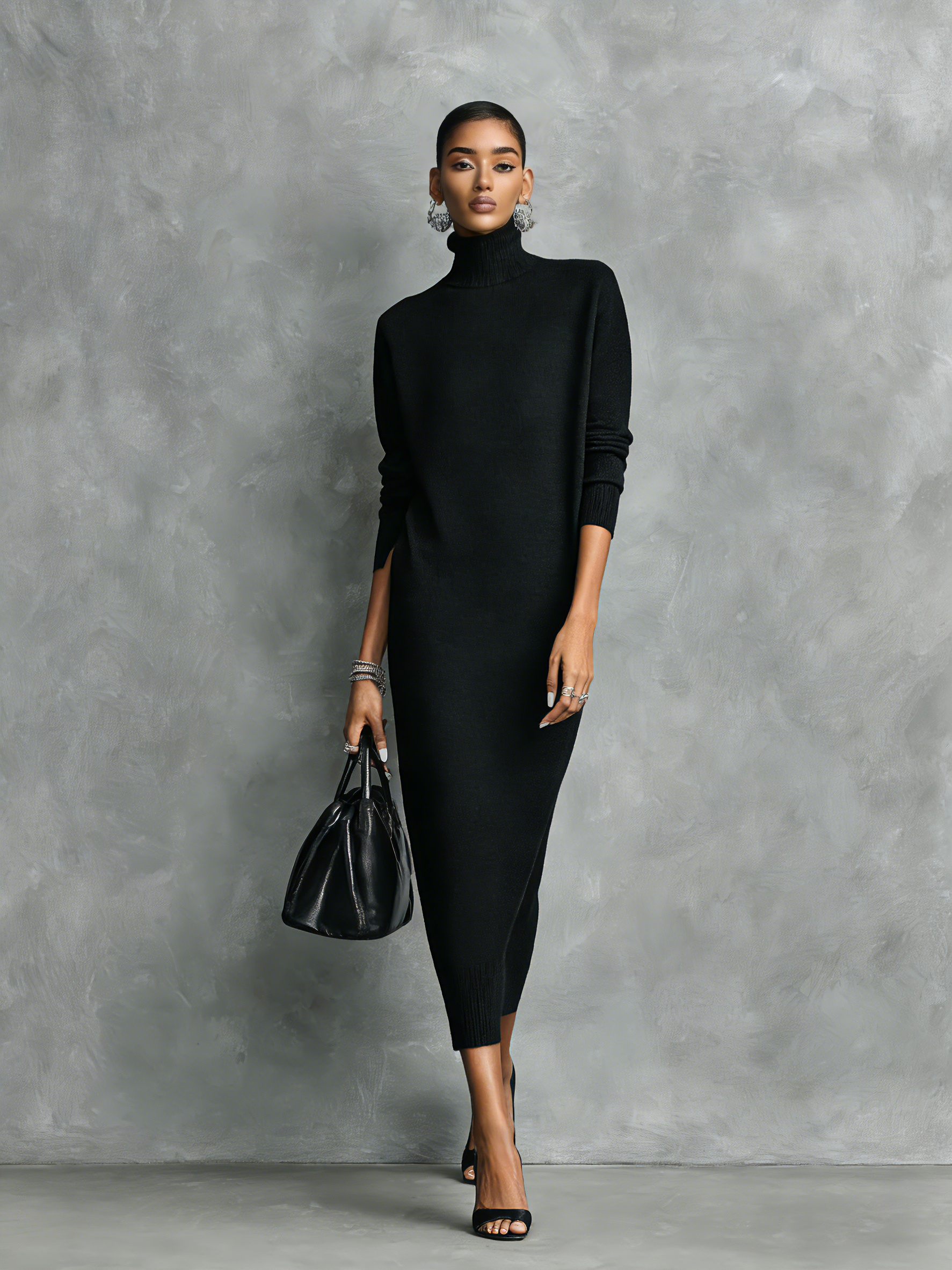 Black Knitted Turtleneck Midi Dress