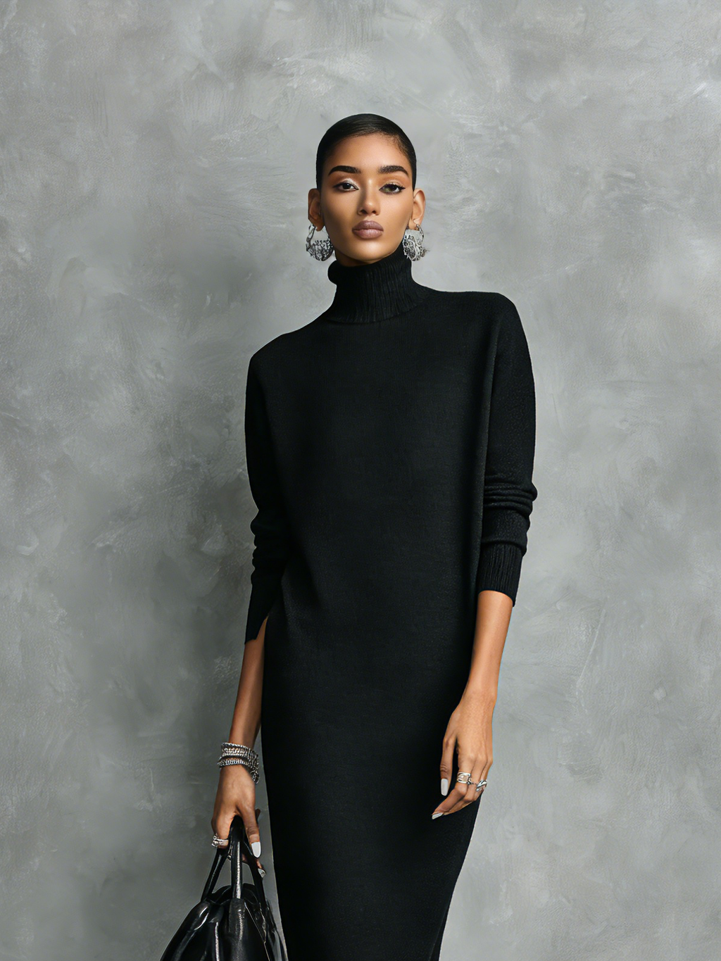 Black Knitted Turtleneck Midi Dress