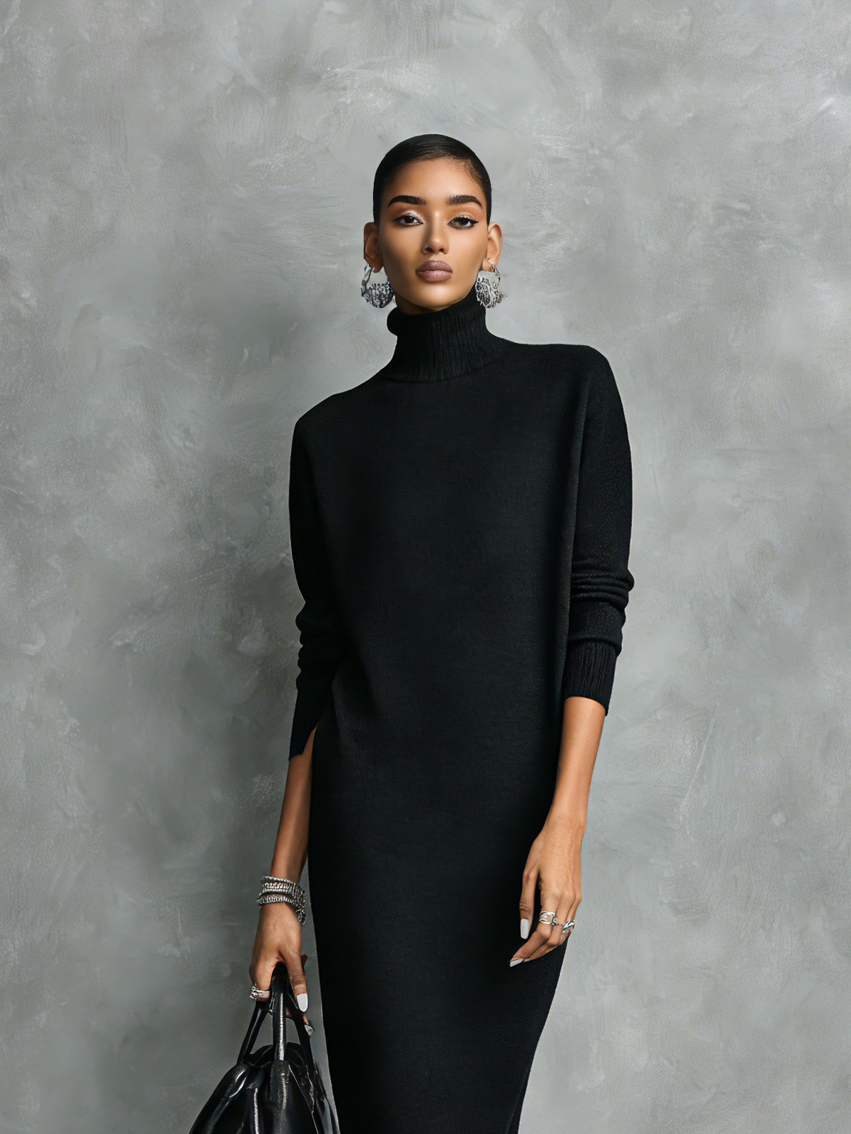 Black Knitted Turtleneck Midi Dress