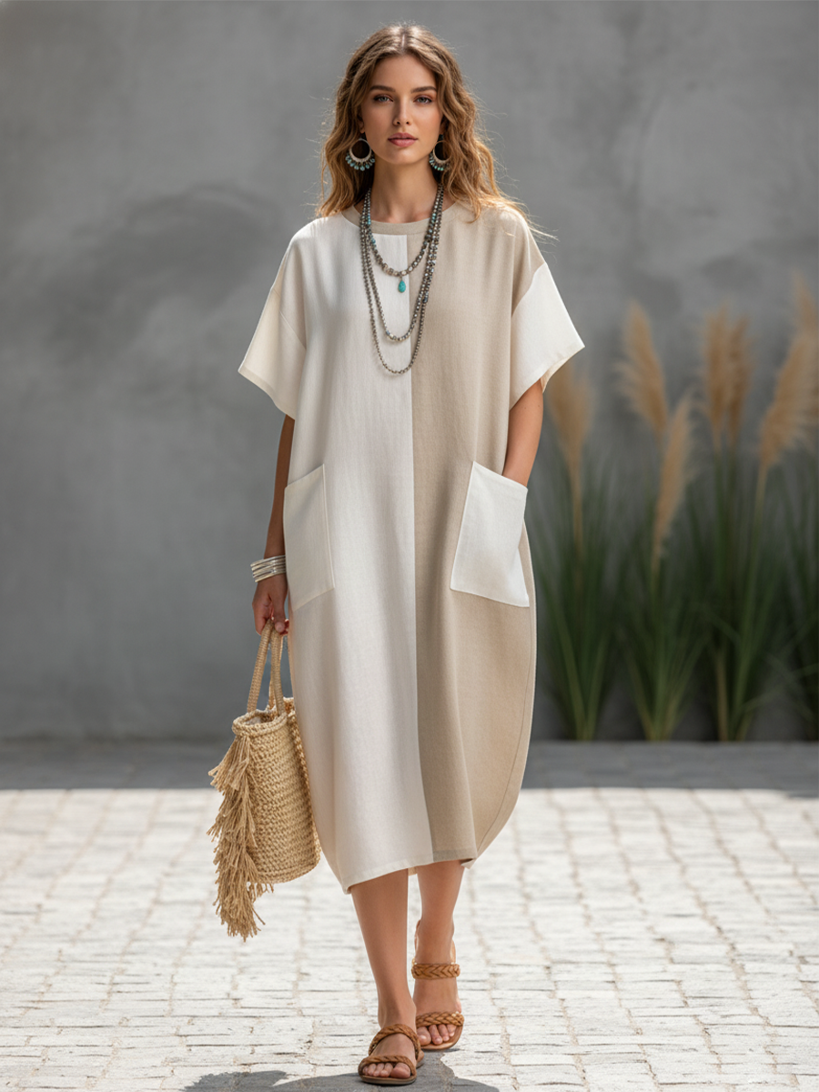 White & Khaki Color-Block Cotton Midi Dress