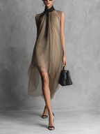 Khaki & Brown Color-Block Chiffon Dress