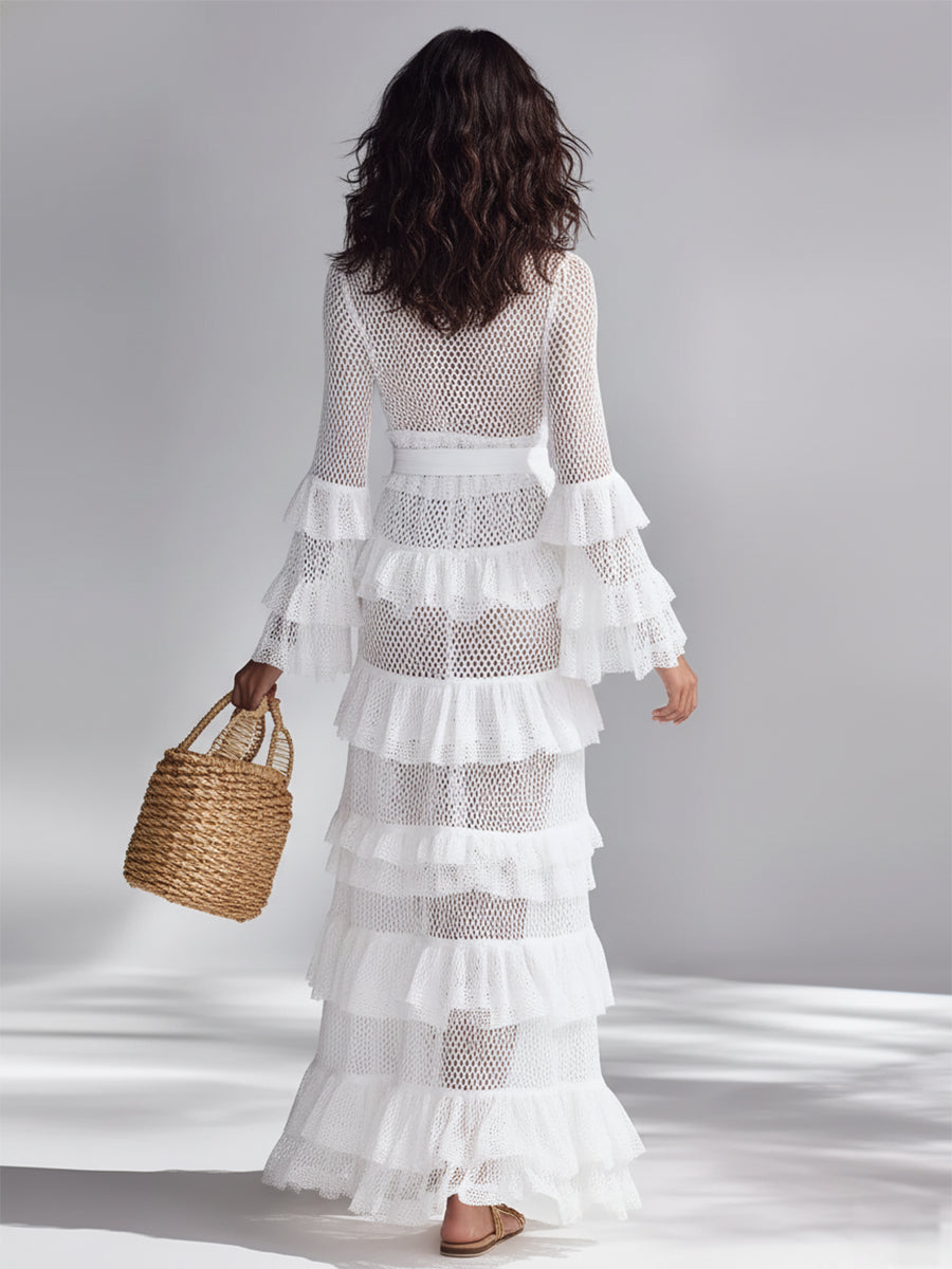 White Crochet Ruffle V-Neck Cardigan