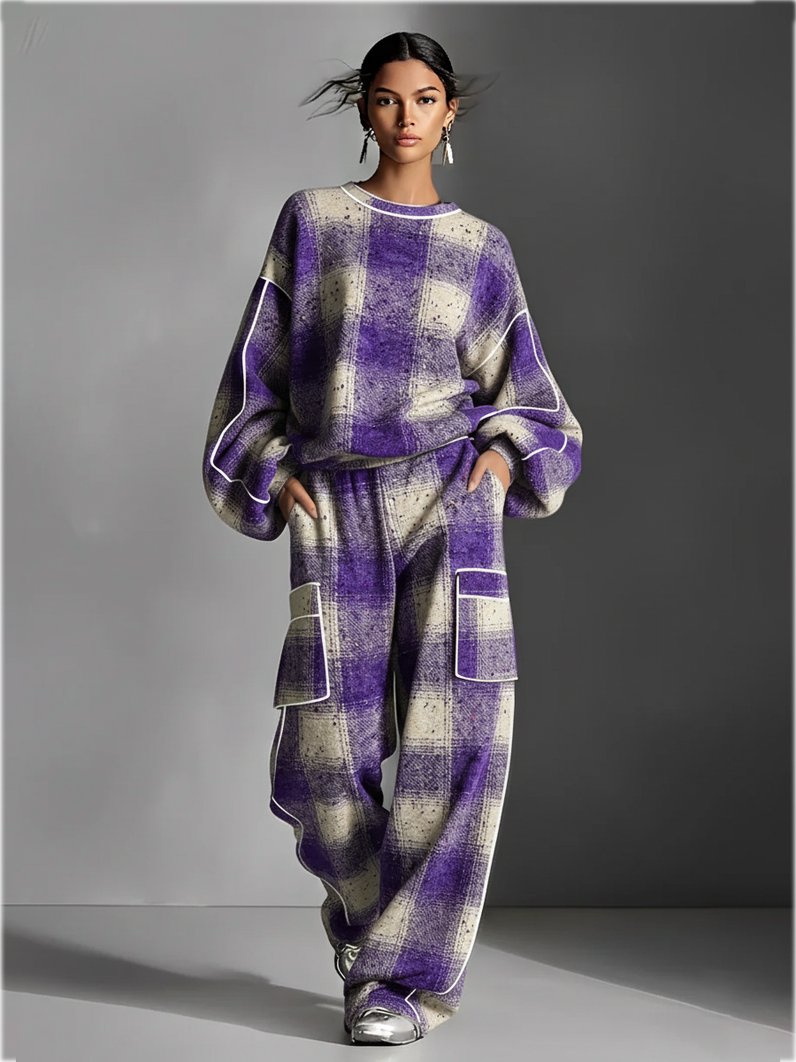 Plaid Color-Block Piping Pantsuit Set