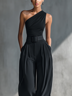 Black Draped Wide-Leg Trousers