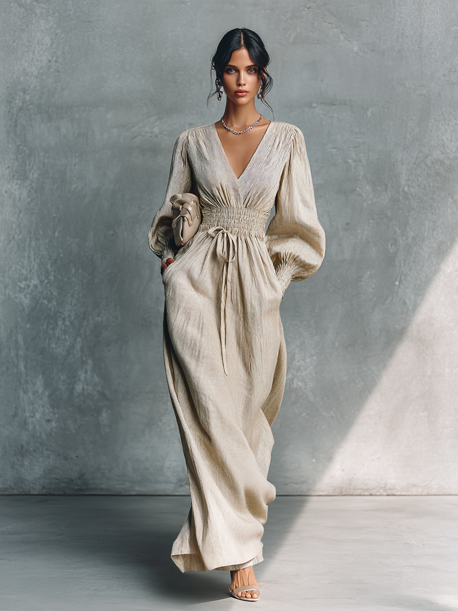 Women's Beige Cotton Linen Striped V-Neck Shirred Waist Maxi Dress MDZ0361C4BA