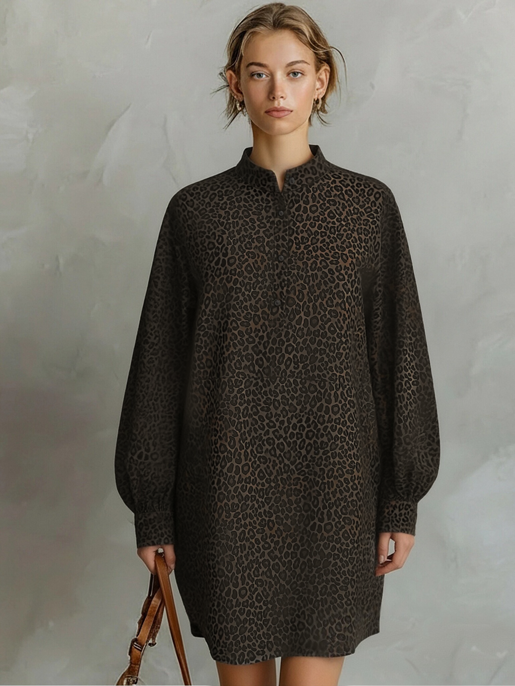 Brown Leopard Print Open-Neck Long-Sleeve Dress