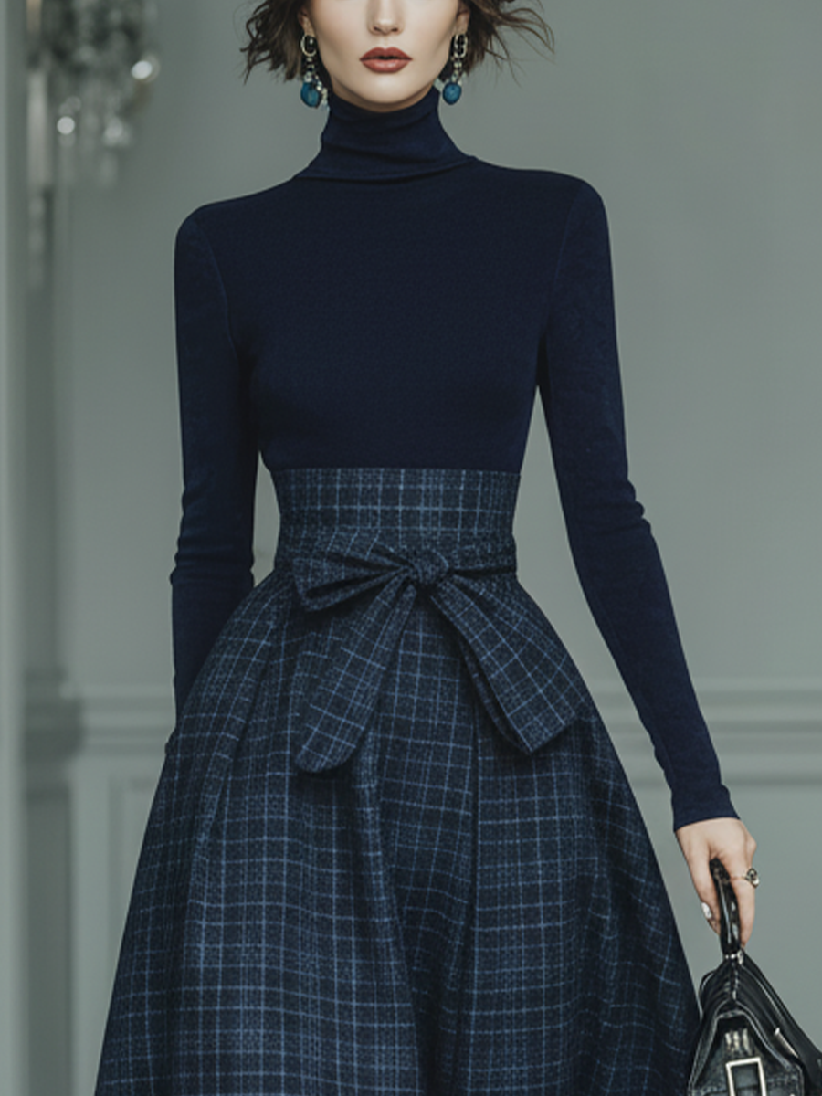 Navy Turtleneck Fitted Long-Sleeve Knit Top