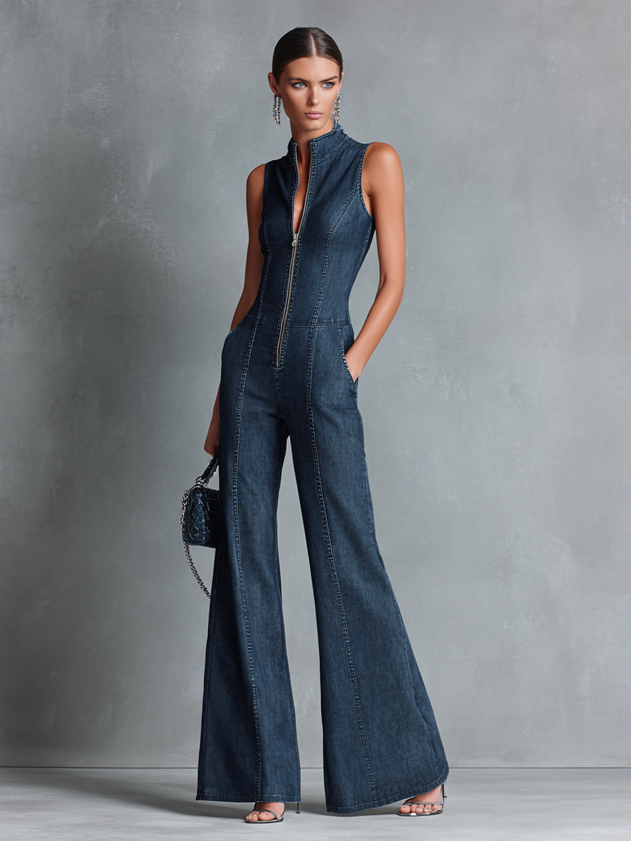 Denim High-Neck Flared Jumpsuit