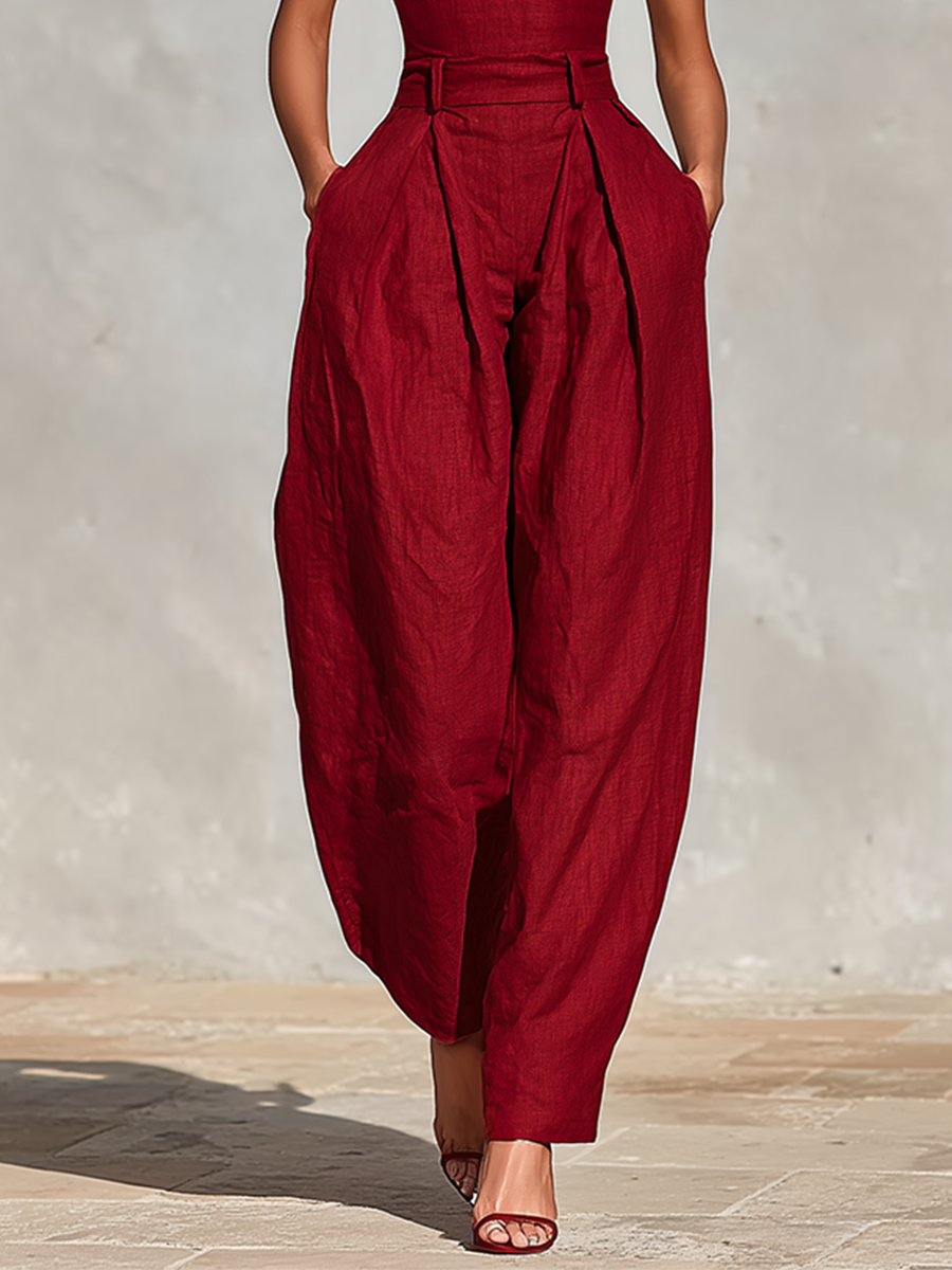 Red Linen Spaghetti Strap Pleated Jumpsuit