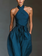 Linen Cross-Halter Tie-Waist Wide-Leg Jumpsuit