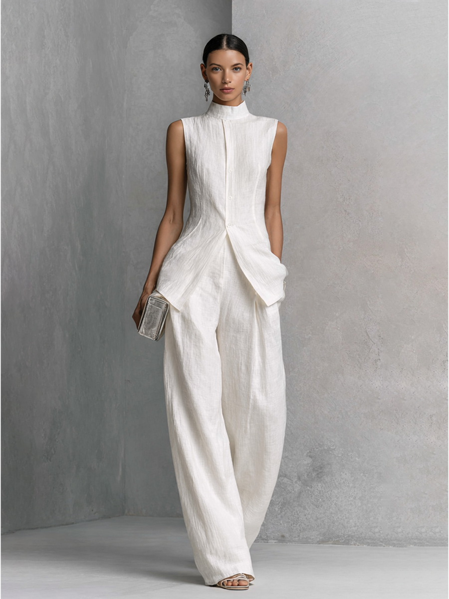 White Cotton Linen Sleeveless Top & Wide-Leg Set