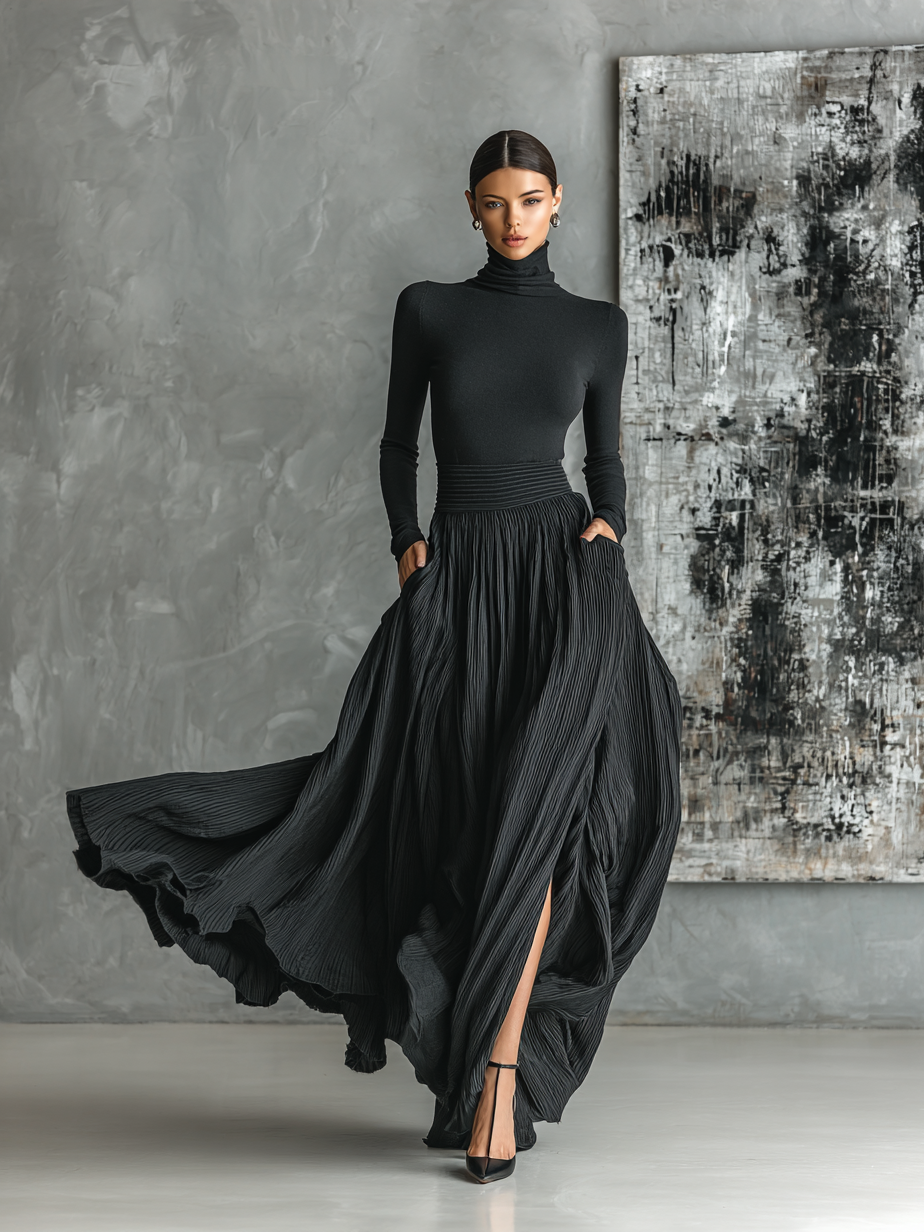Black Skinny Turtleneck & Pleated Skirt Set
