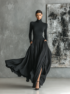 Black Skinny Turtleneck & Pleated Skirt Set