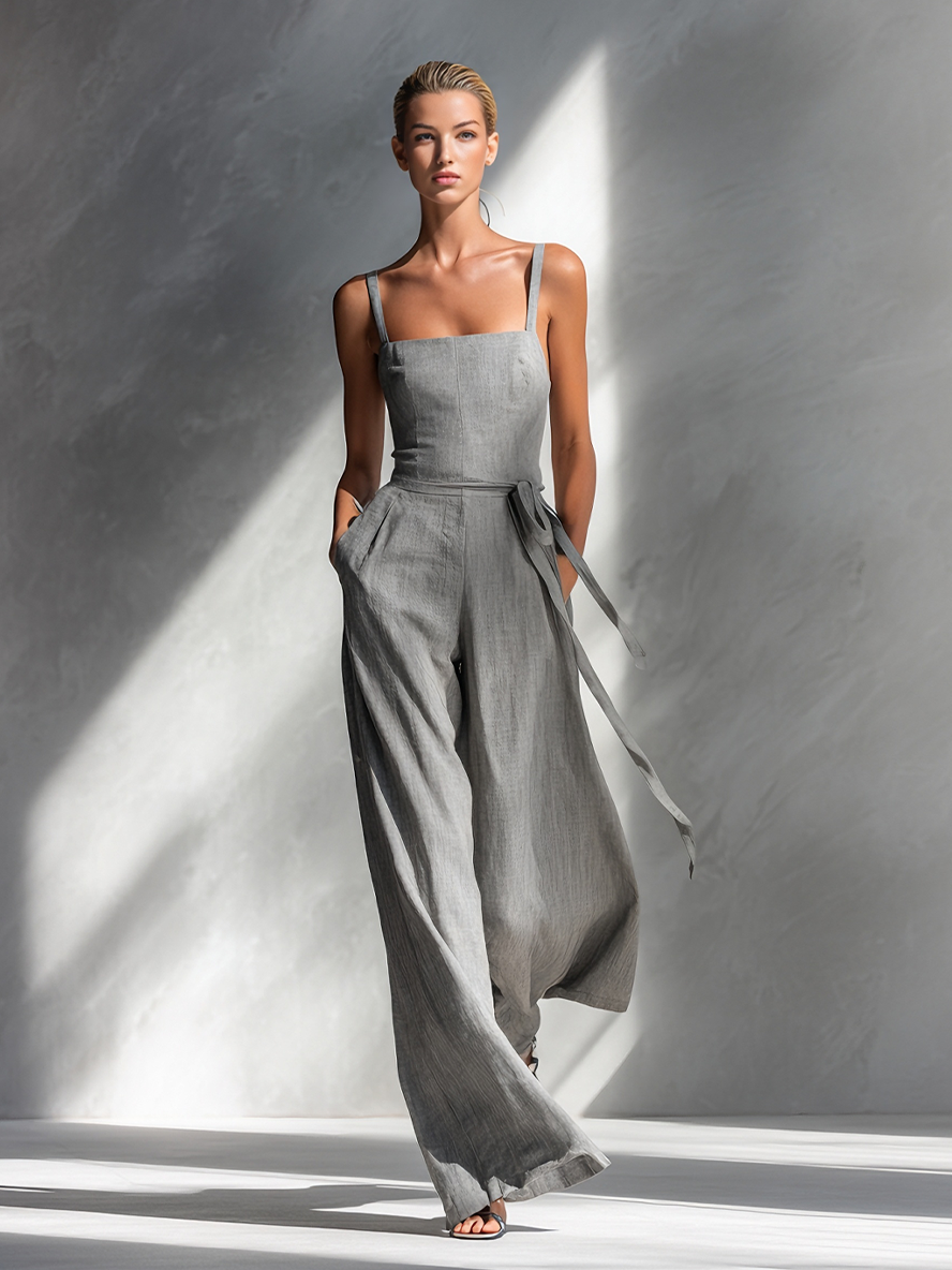 Grey Linen Square-Neck Tie-Waist Wide-Leg Jumpsuit