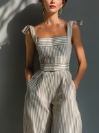 Striped Linen Square Neck Tie-Strap Jumpsuit