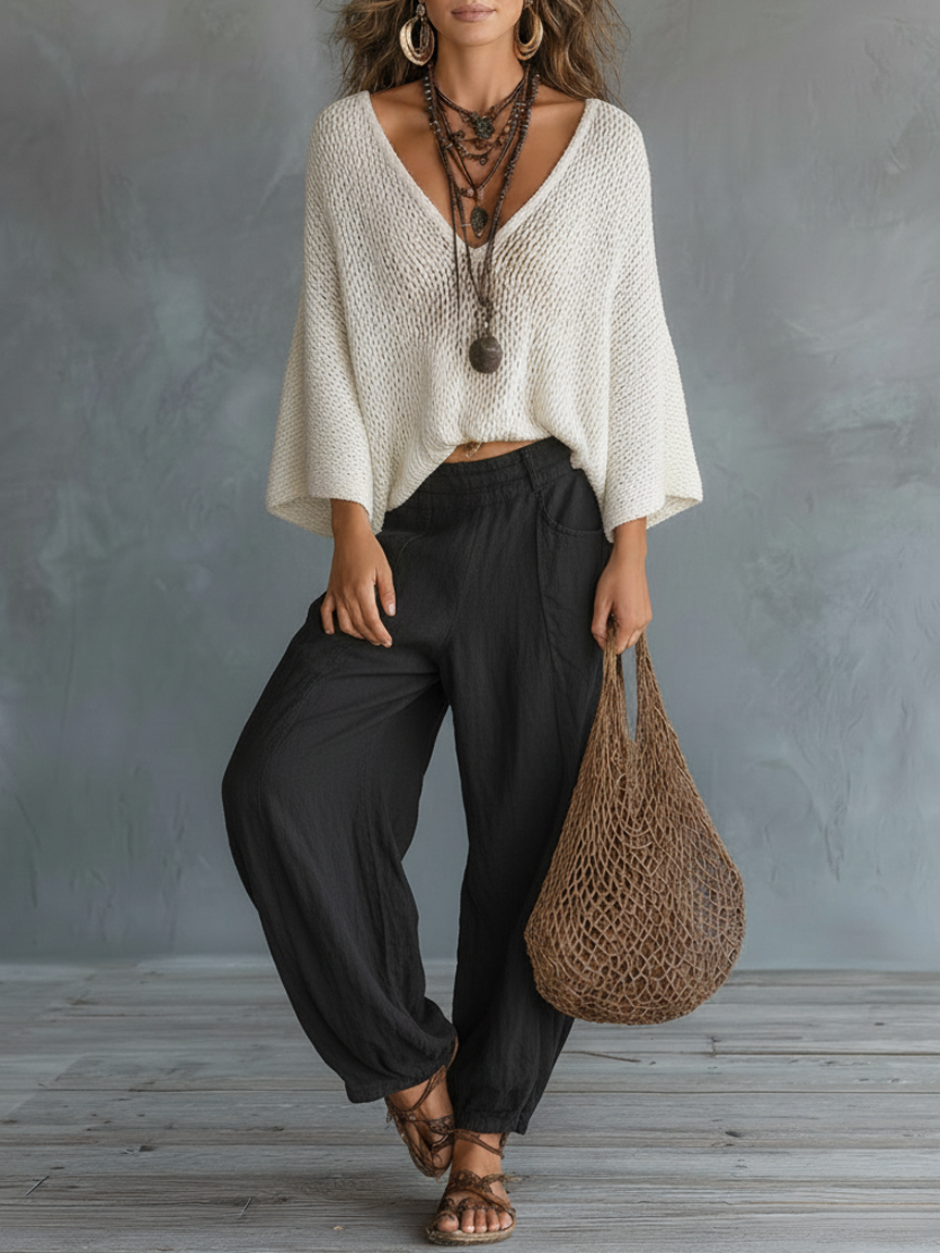 Cape-Sleeve Sweater & Harem Pants Set