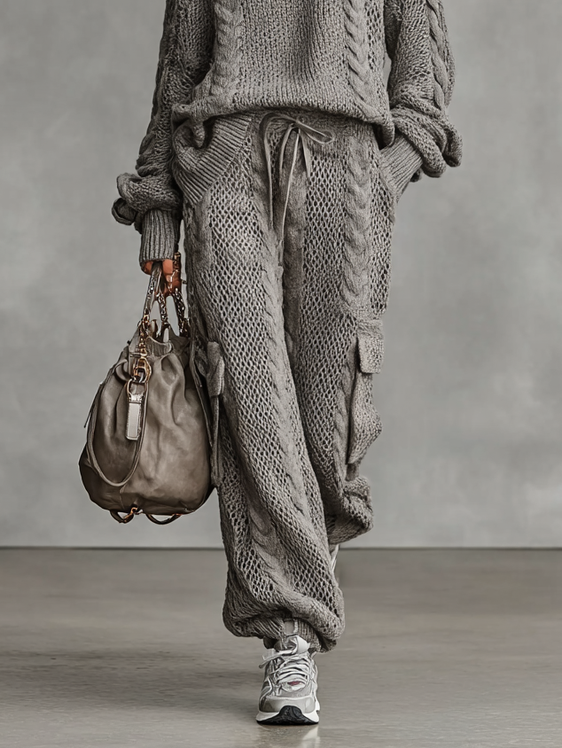 Cable Knit Turtleneck & Cargo Pants Set