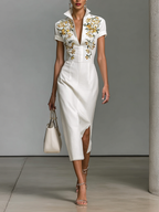 Embroidered V-Neck Short-Sleeve Midi Dress