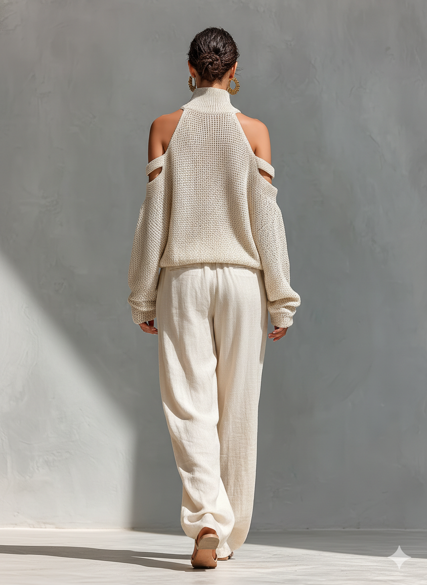 Beige Linen High-Waisted Wide-Leg Pants