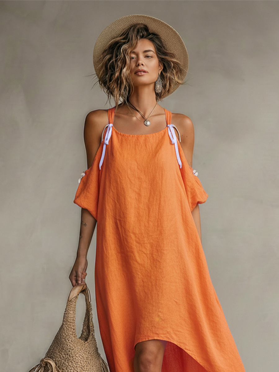 Tangerine Linen Cold-Shoulder High-Low Dress
