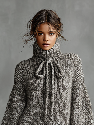 Knit High Neck Bow-Tie Mini Dress