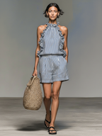 Striped Ruffle Sleeveless Blouse & Shorts Set