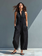 Linen Blend Stand Collar Jumpsuit