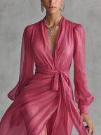 Rose Pink Pearl Chiffon Tie-Waist Maxi Dress