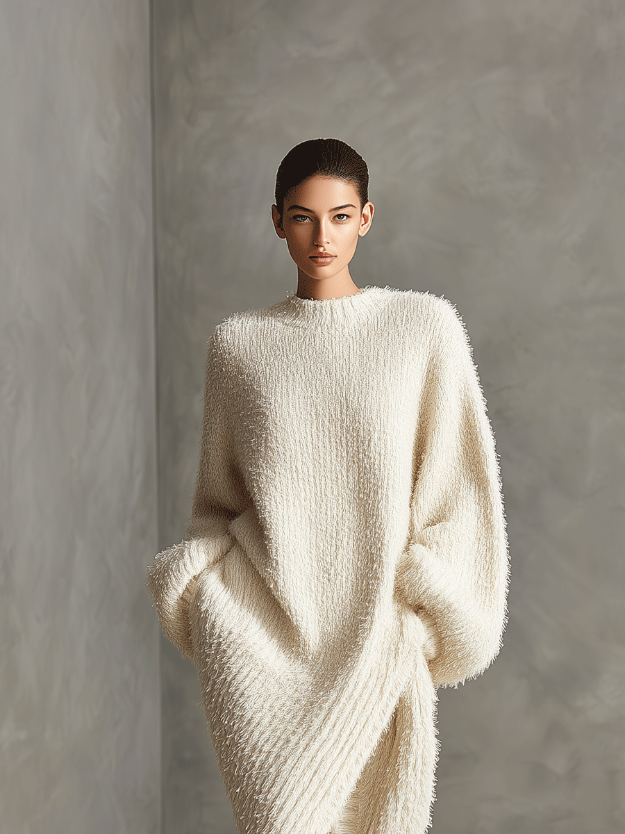 Cream Faux Mink Knit Asymmetric Midi Dress