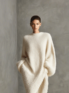 Cream Faux Mink Knit Asymmetric Midi Dress
