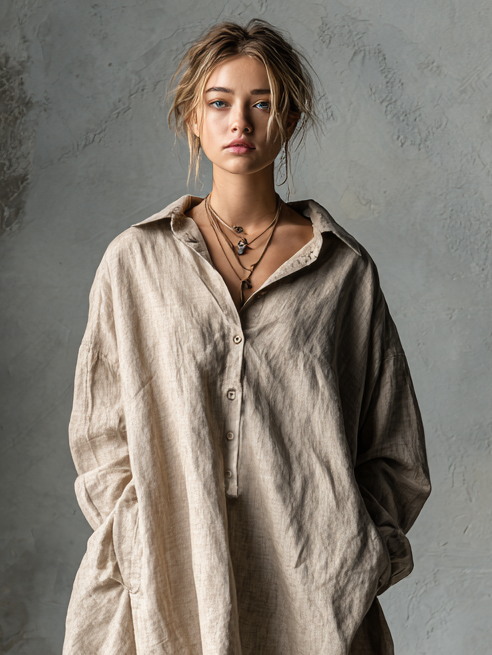 Cotton Linen Button Lapel Mini Dress