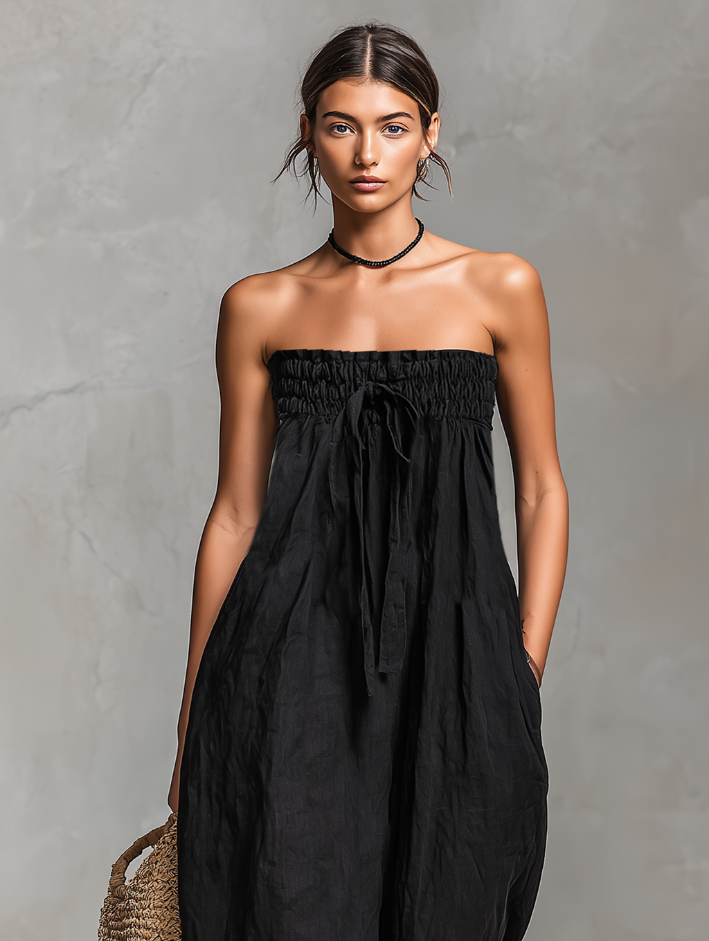 Linen Strapless Tie-Waist Jumpsuit