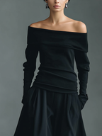 Black Knit Off-Shoulder Ruched Waist Top