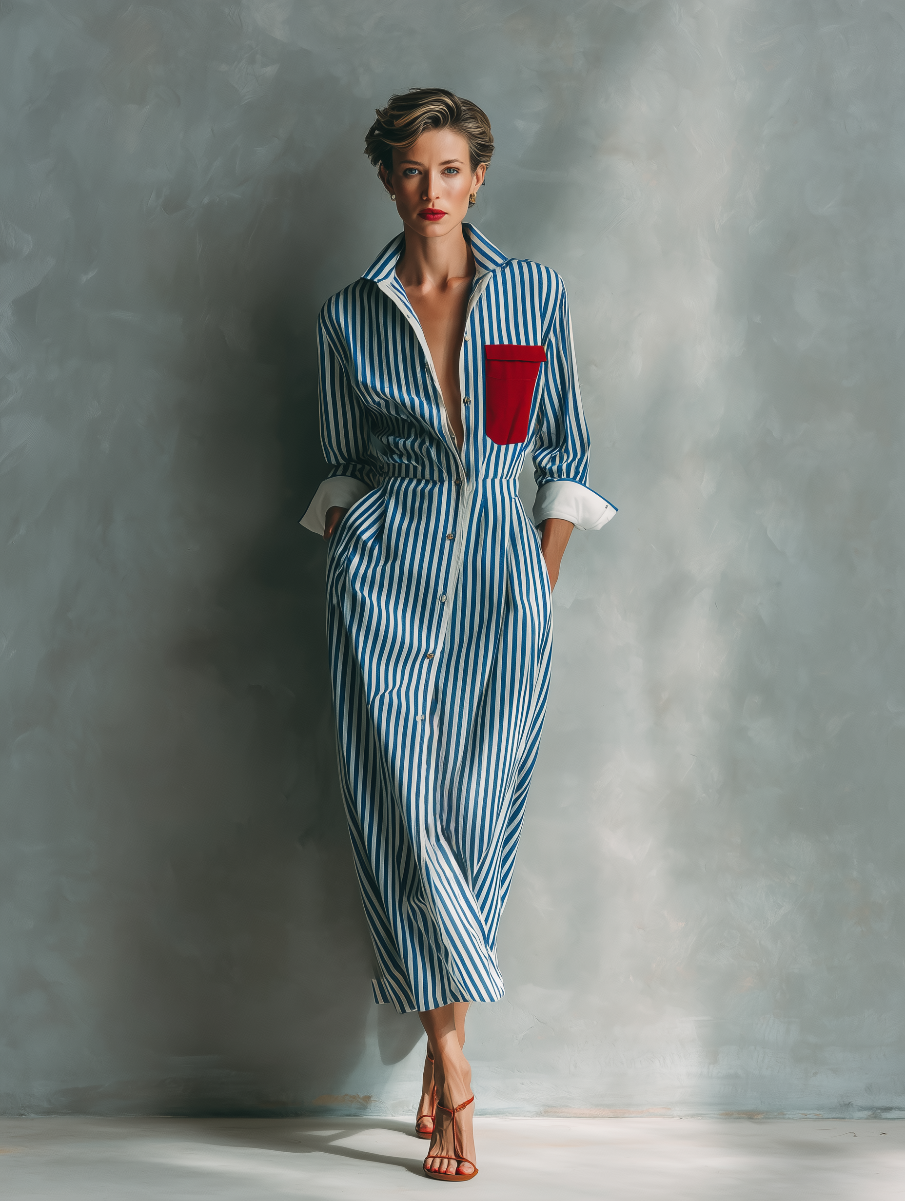 Striped Shirt Dress With Red Chest Pocket