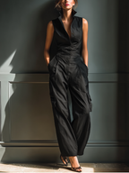 Linen Sleeveless Collared Cargo Jumpsuit