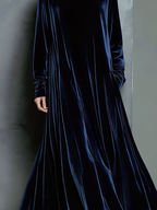 Women's Elegant Navy Blue Velvet High-neck Long-sleeved Loose-fitting Maxi Dress MDZ1680A8AN