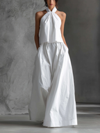 White Linen Halter-Neck Top & Skirt Set