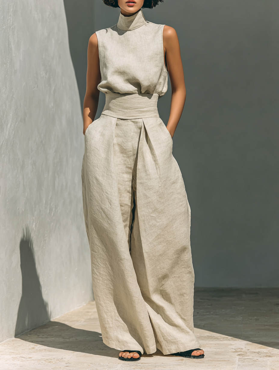 Linen Blend Blouse & Wide-Leg Pants Set