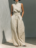 Linen Blend Blouse & Wide-Leg Pants Set
