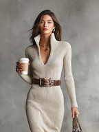 Knitted Belted V-Neck Midi Dress