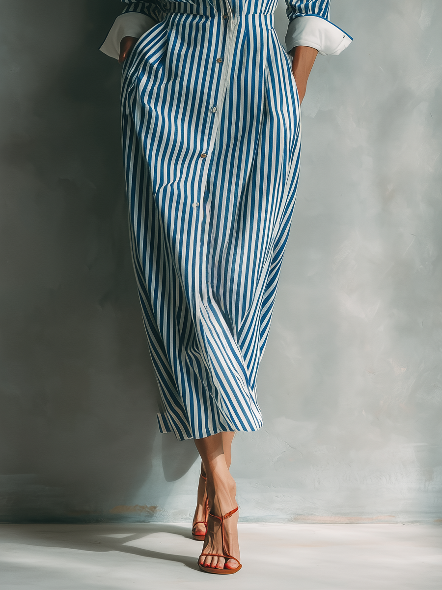 Striped Shirt Dress With Red Chest Pocket