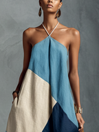 Women's Bohemian Multi-color Cotton Linen Blend Patchwork Halter Maxi Dress MDZ1956C4BA