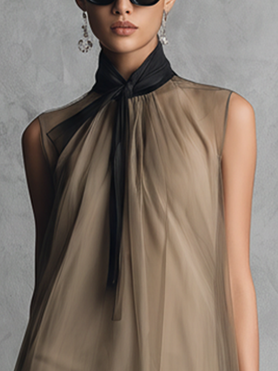 Khaki & Brown Color-Block Chiffon Dress